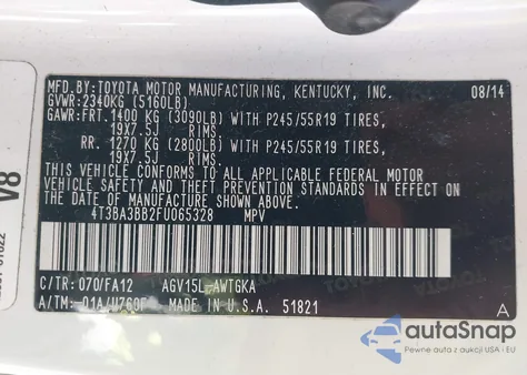 2015 Toyota Venza Le from USA, damaged, VIN 4T3BA3BB2FU065328